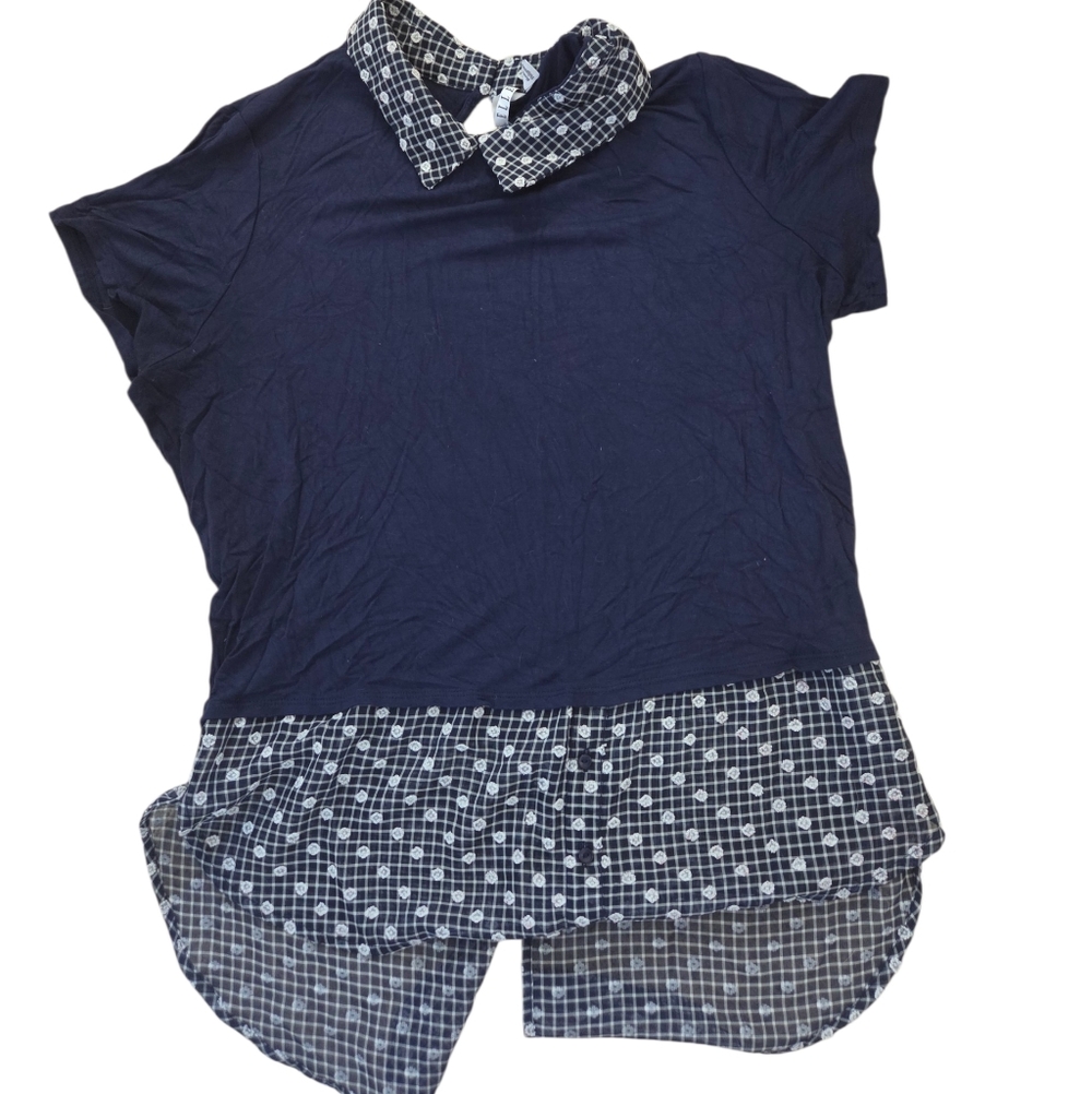 Elle navy/white short sleeve hi/lo floral short sleeve top, L. EUC.